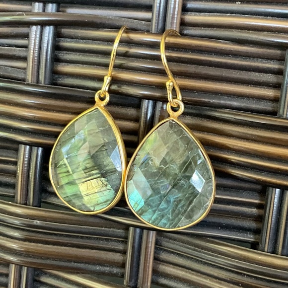 Natural Labradorite Gemstone & Gold Dangle Earrings - Picture 2 of 3
